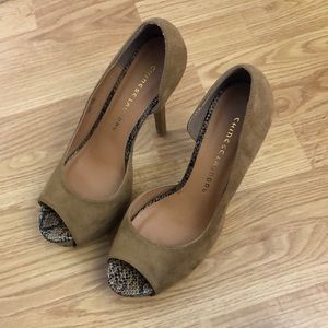 Chinese Laundry tan suede snakeskin heels